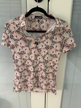 Bad Birdie Pink Geometric Button-Down Polo with Mint & Black Accents